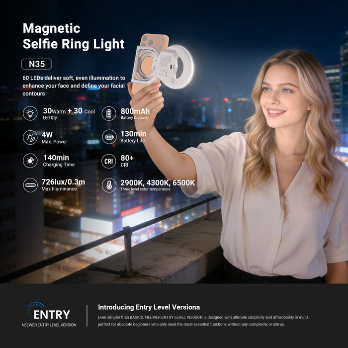 A girl is using the NEEWER N35 Mini Magnetic Selfie Ring Light to selfie.