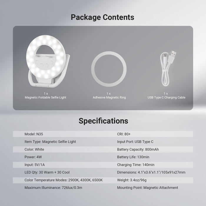 This package includes a magnetic foldable selfie light, an adhesive magnetic ring, and a charging cable.
