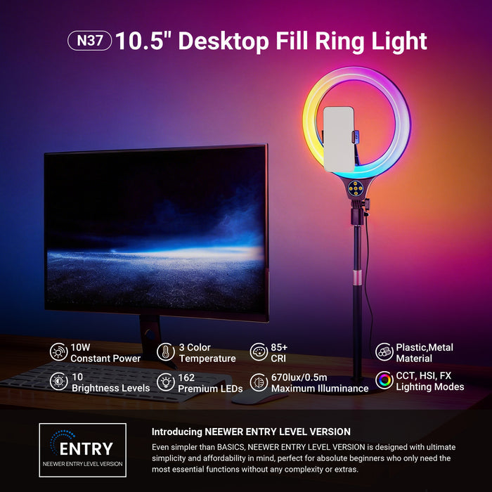 The NEEWER N37 RGB Ring Light is placed next to a monitor