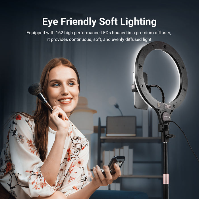 A girl uses the NEEWER N37 RGB Ring Light to illuminate her video shoot