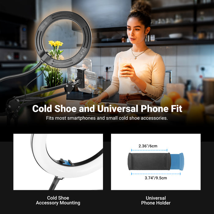 The girl uses the NEEWER N41 LED Desktop Ring Light to illuminate the scene while filming a cooking tutorial in the kitchen.