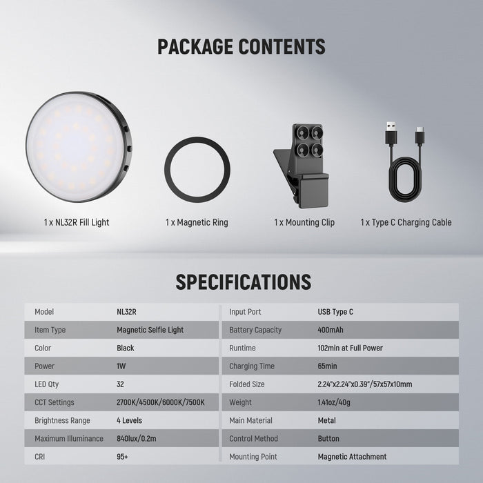 Package Contents of the NEEWER NL32R Magnetic Selfie Light