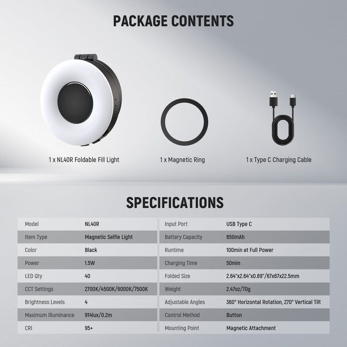 Package Contents of the NEEWER ENTRY LEVEL VERSION NL40R Magnetic Selfie Light
