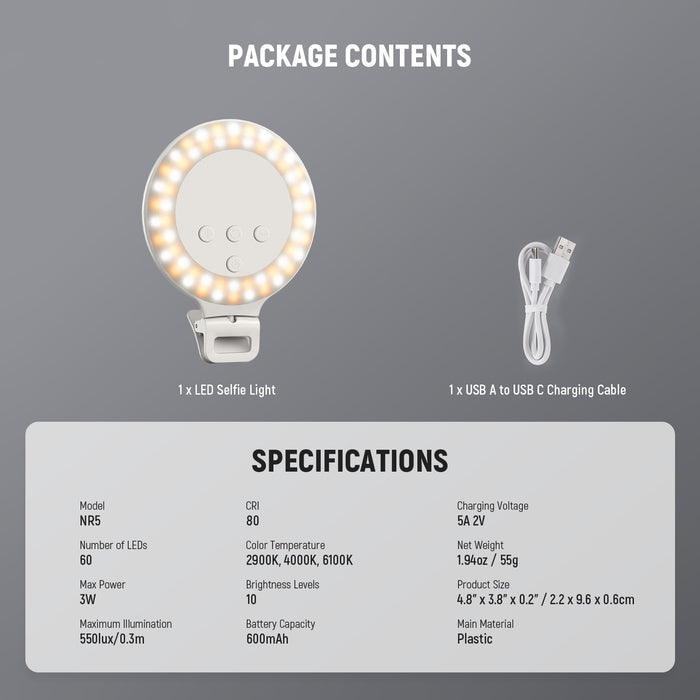 Package Contents of the NEEWER NR5 3.8" Clip on Small Selfie Light