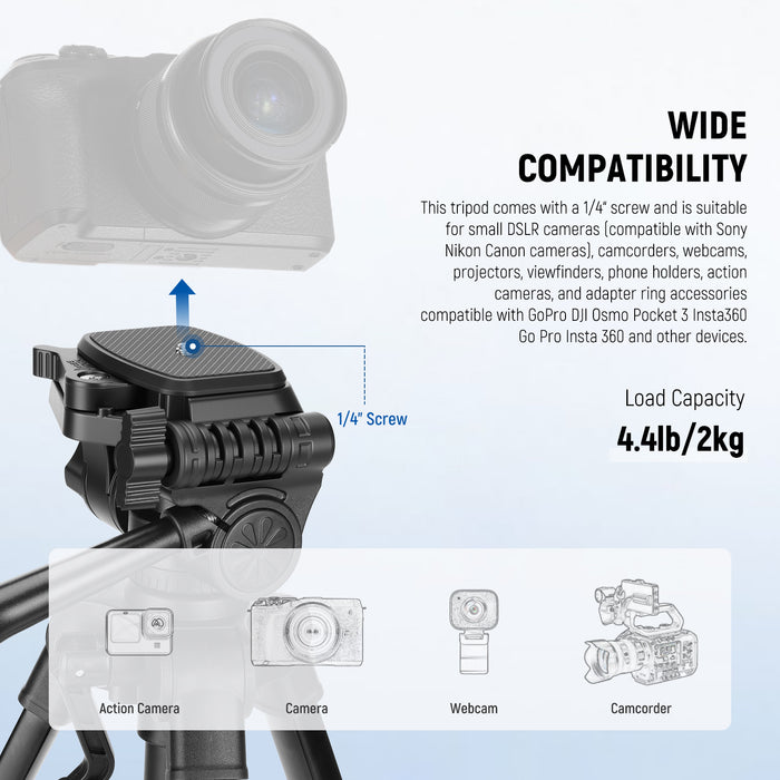 NEEWER TP52 Mini Desk Tripod supports cameras up to 2kg.