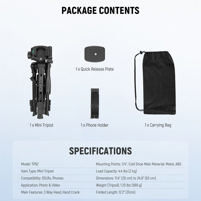 Package Contents of the NEEWER TP52 Mini Desk Tripod