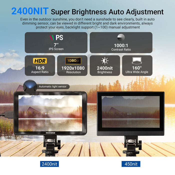 NEEWER F600 field monitor boasts up to 2400nit brightness on a 7 inch IPS touch screen