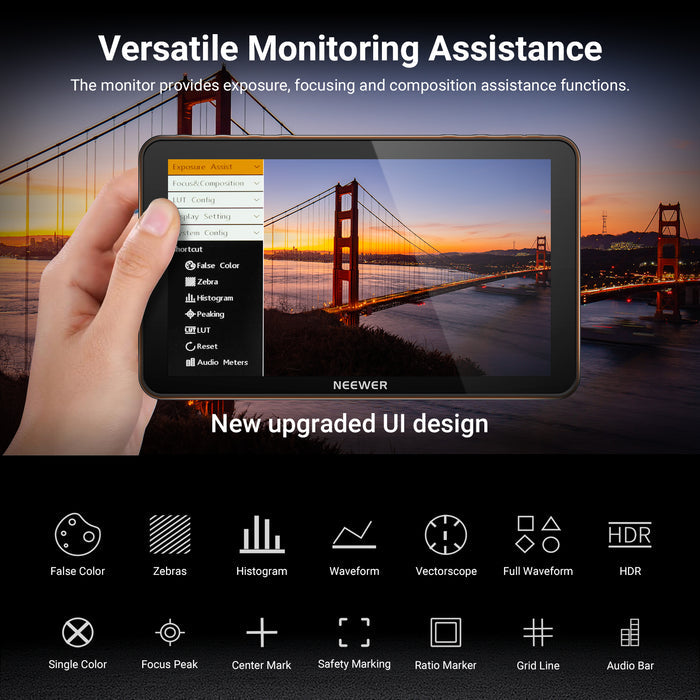 NEEWER F600 Touch Screen Camera Field Monitor provides exposure, focusing, and composition assistance functions.