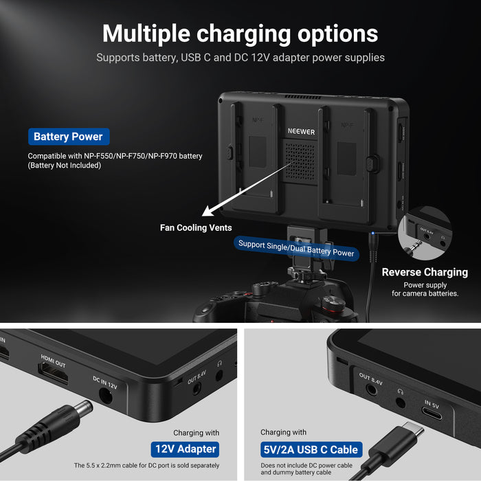 NEEWER F600 HD Touch Screen Camera Field Monitor supports battery, USB C, and DC 12V adapter power supplies.