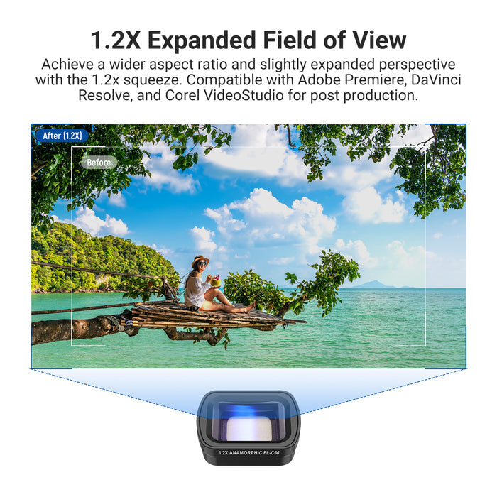 NEEWER FL-C56 1.2X Blue Anamorphic Lens slightly widens the aspect ratio by 1.2x for a widescreen perspective.