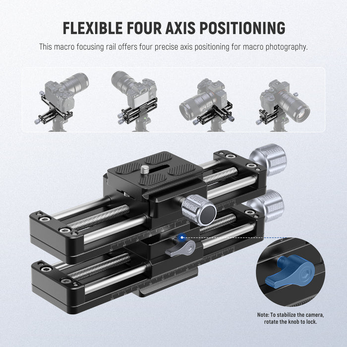 This macro focusing rail offer four precise axis positioning for macro photography.