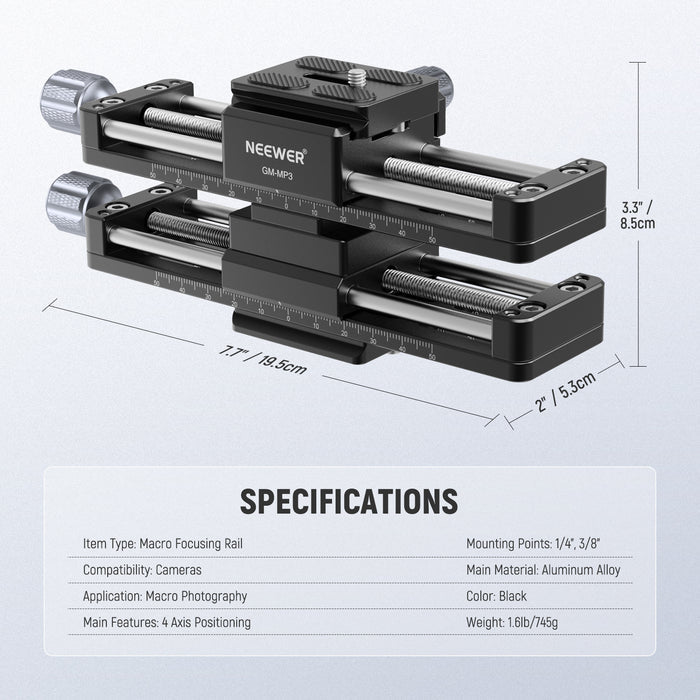 This package includes a Macro Focusing Rail, a 1/4" to 3/8" Adapter, and a Hex Key.