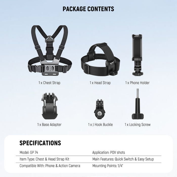 Package Contents of the NEEWER GP-74 Phone Chest & Head Strap Accessories Kit