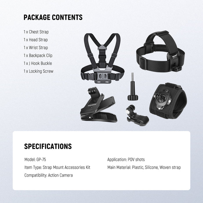 Package Contents of the NEEWER GP-75 Strap Mount Accessories Kit For Action Camera