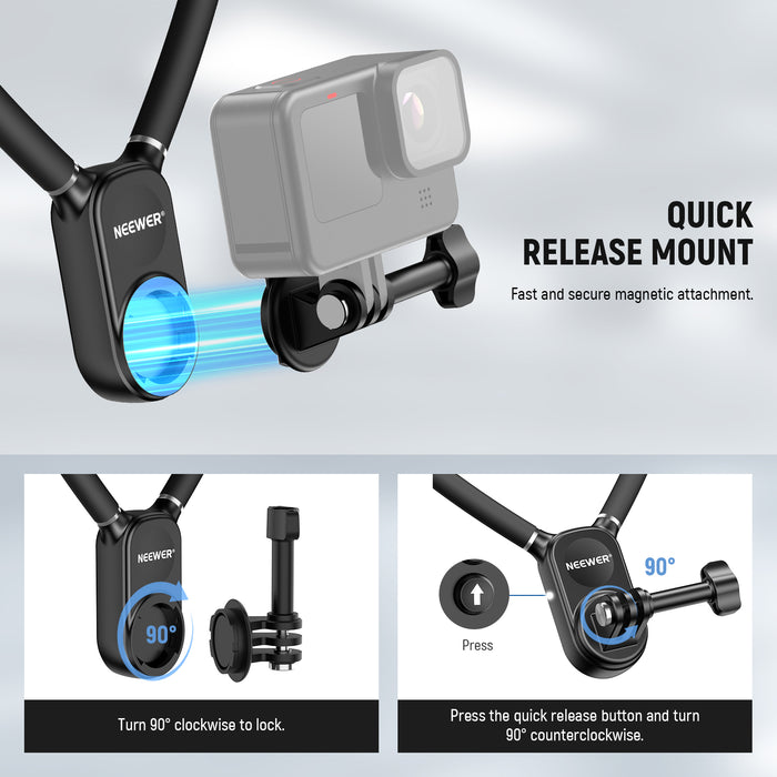 A standard quick release action camera mount can instantly attach to the neck mount using magnets.
