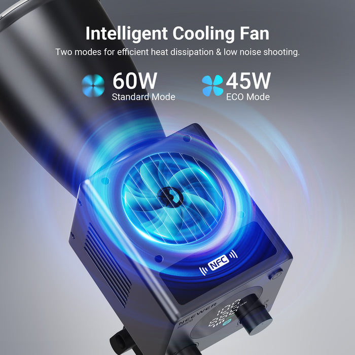 The studio light equipment for camera & photo lighting features temperature controlled fan with 2 modes for efficient heat dissipation.
