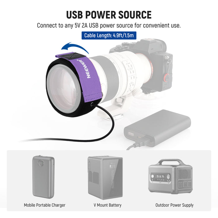 Compatible with any 5V USB power source, including portable chargers, laptops, and USB adapters, this lens heater ensures uninterrupted use during outdoor shoots or travel.