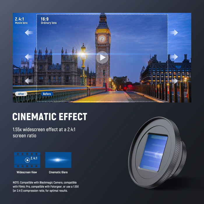 NEEWER LS-75 1.55X Blue Anamorphic Lens creates cinematic effect.