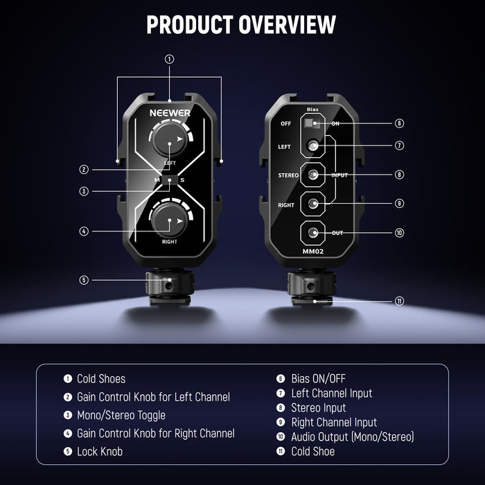 Product overview of the NEEWER MM01 Dual Channel Microphone Audio Mixer