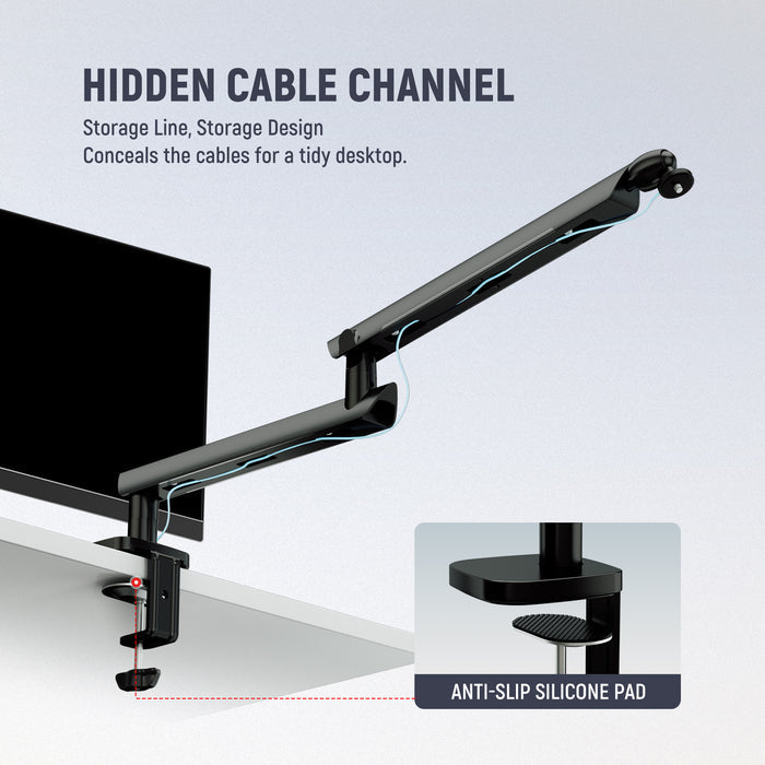 The tabletop mic boom arms feature built in cable channels