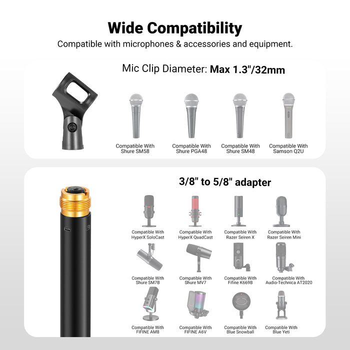 NEEWER MS015 Desktop Podcast Microphone Stand Kit is compatible with various microphones, accessories, and equipment.