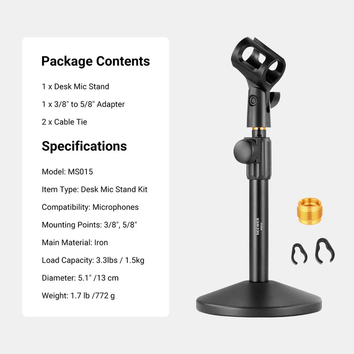 This package includes a desk mic stand, a 3/8" to 5/8" adapter, and two cable ties.