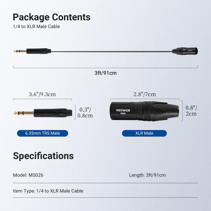 NEEWER MS026 6.35mm 1/4 TRS to XLR Male Cable