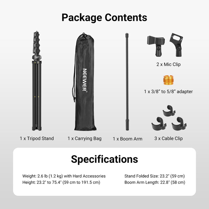 This package includes a NEEWER MS046 Microphone Floor Stand, a boom arm, a carrying bag, and more.