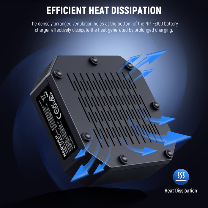 At the bottom of the NP-FZ100 battery charger are densely arranged ventilation holes, which effectively expel heat generated during extended charging.