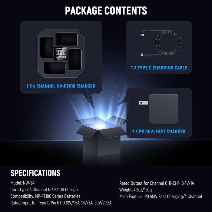 Package Contents of the NEEWER NW-Z4 4 Channel NP-FZ100 Charger Kit