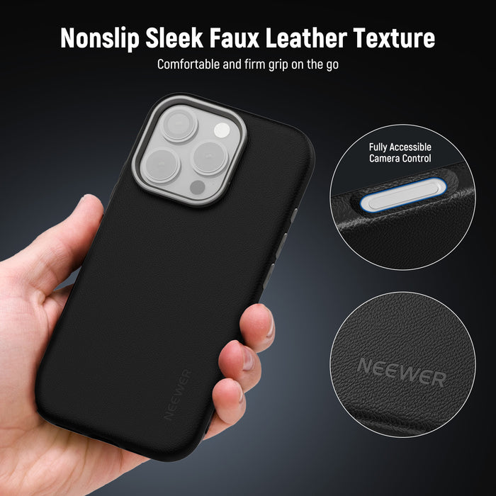 NEEWER PA083P Black Case with 3 Backplates for iPhone 16 Pro is made of nonslip sleek faux leather texture.