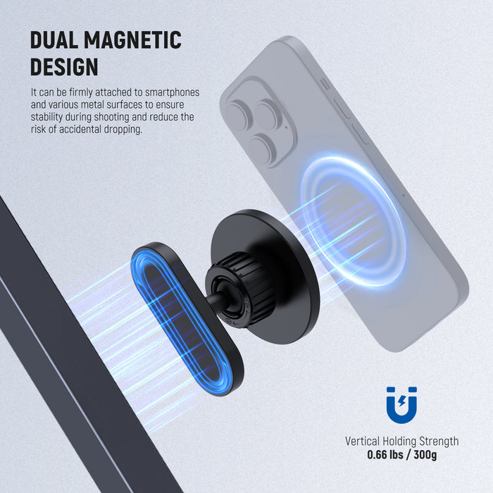 The magnetic phone holder features a dual magnetic design