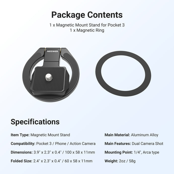 NEEWER PA160 Magnetic Mount Stand Compatible with DJI Osmo Pocket 3