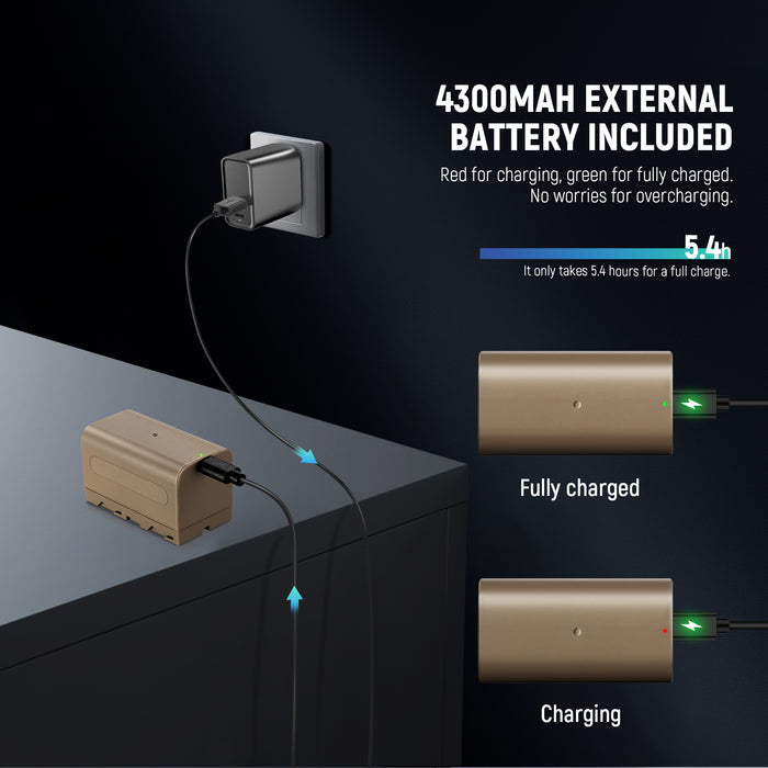 This photography and videography lighting kit includes a large capacity 4300mAh NP-F replacement battery