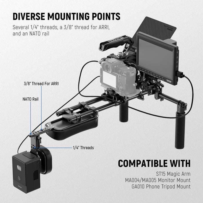 Featuring several 1/4" threads, a 3/8" thread for ARRI, and an NATO rail, this support enables attachment of various accessories