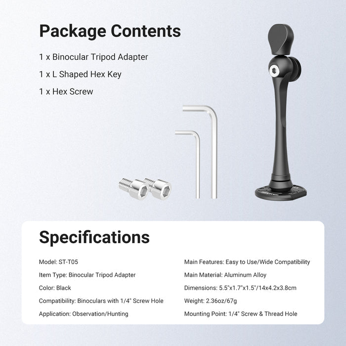 This package includes a binocular tripod adapter, an L-shaped hex key, and a hex screw.