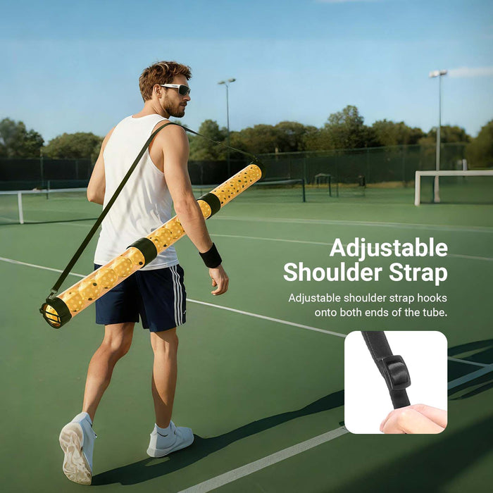 Adjustable shoulder strap hooks onto both ends of the tube.