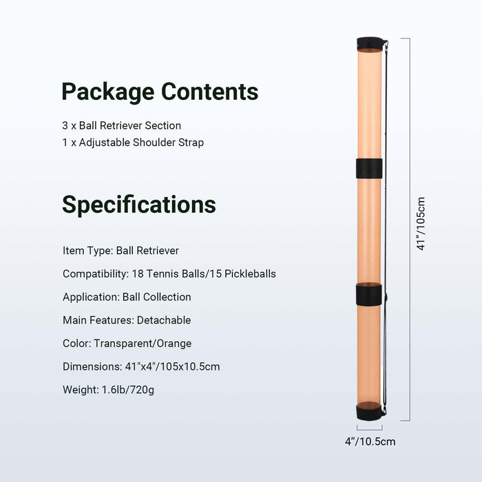 This package includes three ball retriever sections and an adjustable shoulder strap.
