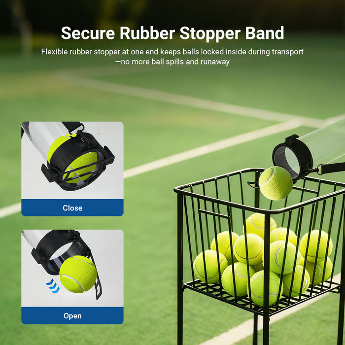 Flexible rubber stopper at one end keeps balls locked inside during transport—no more ball spills and runaway.