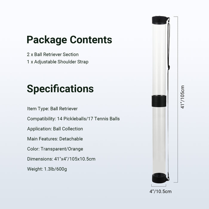 This package includes two ball retriever sections and an adjustable shoulder strap.