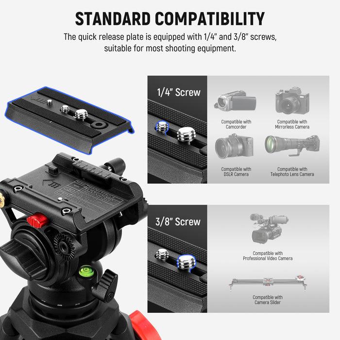 NEEWER TP73 Lightweight Video Tripod features a quick release plate which is equipped with 1/4" & 3/8" screws
