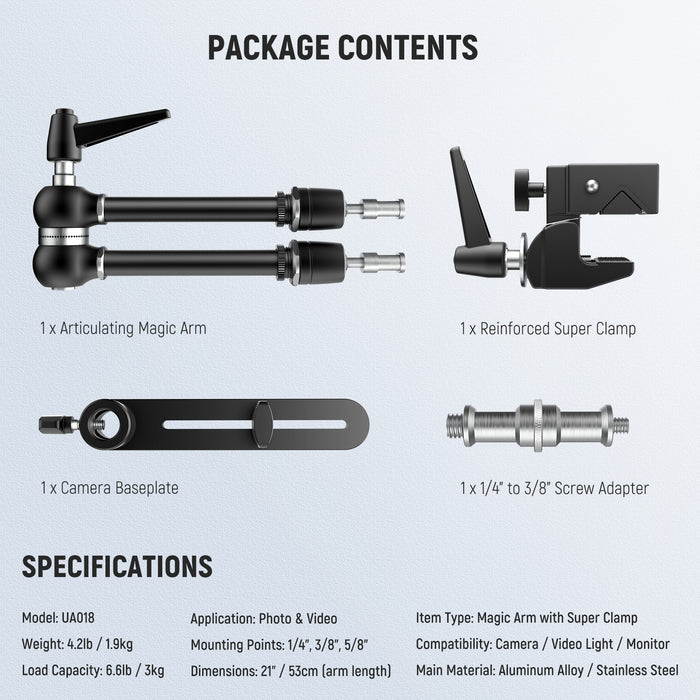 Package Contents of the NEEWER UA018 Magic Arm & Camera Baseplate Kit