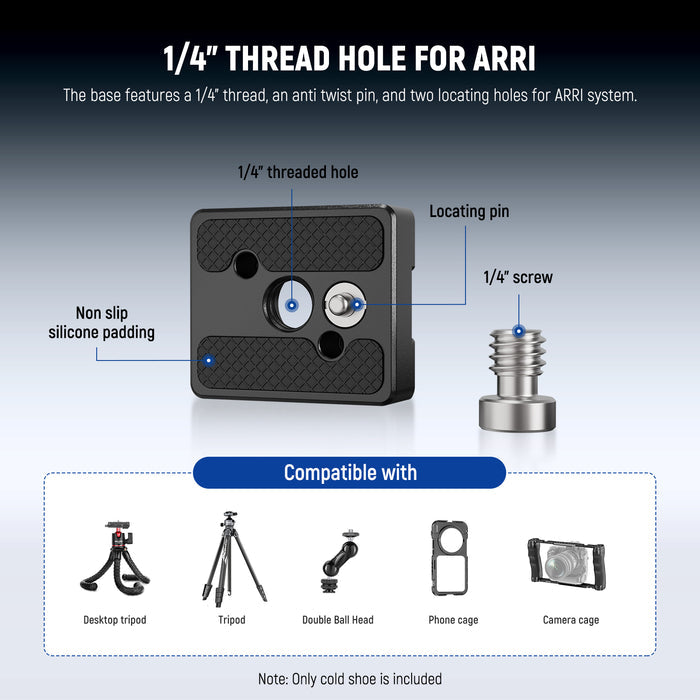 The base features a 1/4" thread, an anti twist pin, and two locating holes for ARRI system