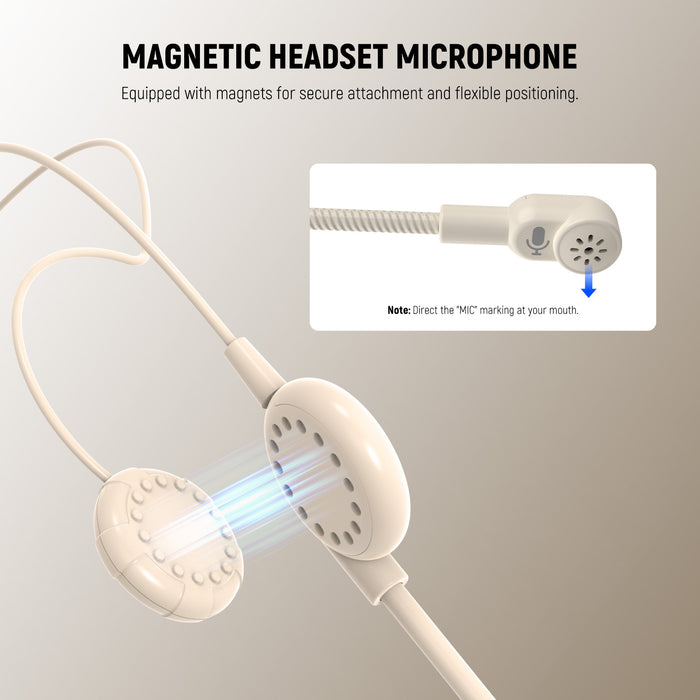 The portable headset style microphone is equipped with magnets for secure attachment