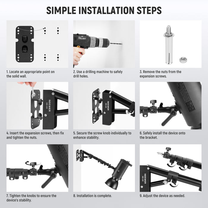 Installation steps of the NEEWER WB-100 116cm Triangle Wall Mounting Boom Arm