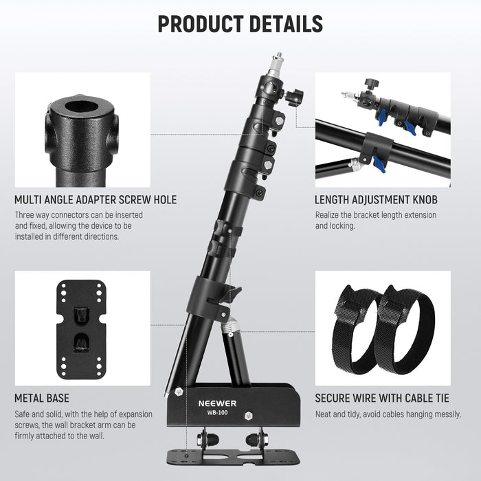 Product details of the NEEWER WB-100 116cm Triangle Wall Mounting Boom Arm