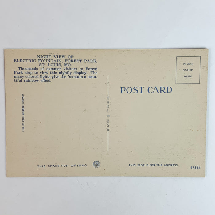 Night View Electric Fountain Forest Park St. Louis, MO Linen Postcard