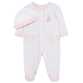 pink and white footie with ballerina slippers on the front and tool faux pockets. has a matching hat.