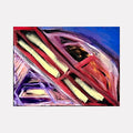 The artwork "Restructure" features bold geometric shapes with diagonal lines in vibrant red, cream, purple, and blue hues. The textured brushstrokes create dynamic movement with layered triangular and rectangular forms, giving a sense of abstract architectural design. The product "Restructure" by Genevieve Antonello.