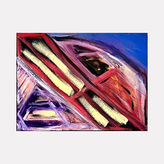 The artwork "Restructure" features bold geometric shapes with diagonal lines in vibrant red, cream, purple, and blue hues. The textured brushstrokes create dynamic movement with layered triangular and rectangular forms, giving a sense of abstract architectural design. The product "Restructure" by Genevieve Antonello.